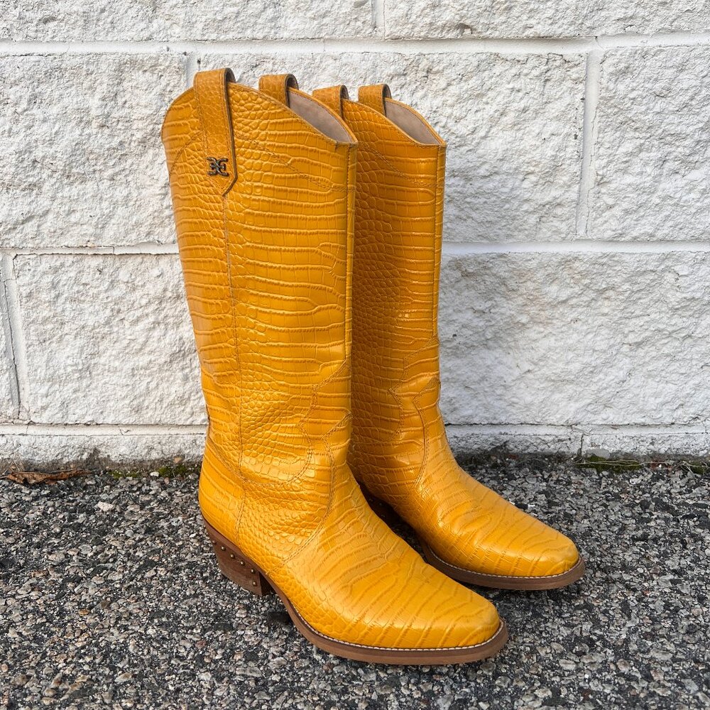Sam Edelman Oakland Yellow Crocodile Embossed Leather Cowboy Boots Size 9